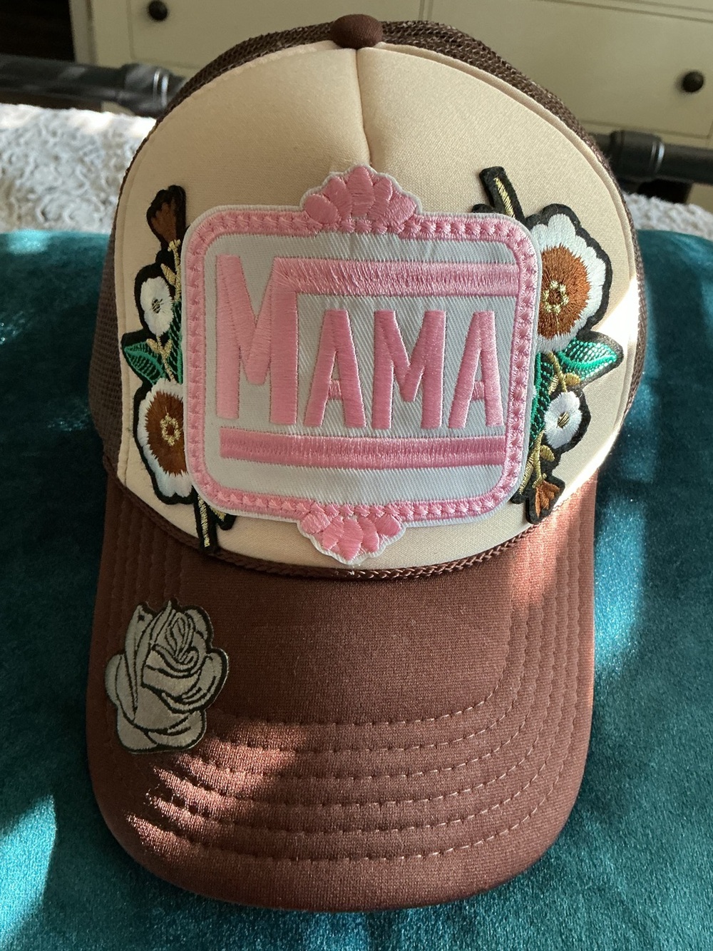 MAMA Floral Patch Brown Cream Trucker Hat Snapback